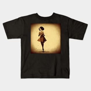 Sepia tinted vintage image of woman in a short dress on tiptoe. Kids T-Shirt